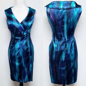 EVAN Picone Blue Tie-Dye Shawl Collar Sheath Dress